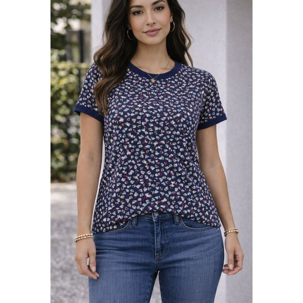 Lauren Ralph Lauren Top Womens PS Blue Geometric Abstract Short Sleeve Knit Tee